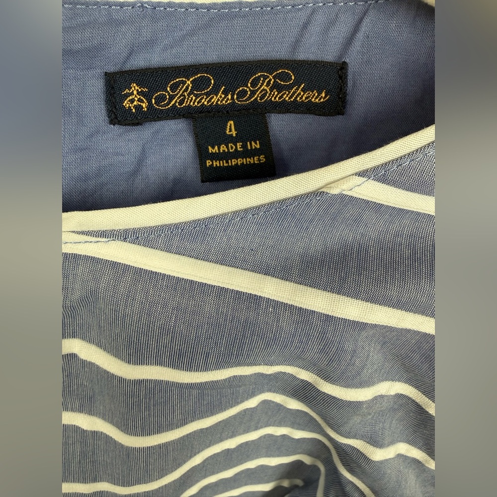 Brooks Brothers Striped Cotton Dobby Dress Size 4 Blue White Tie Waist Pockets - Picture 6 of 7